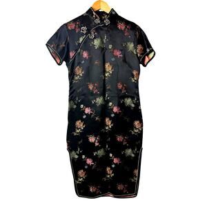 Womens black satin Dress cheongsam qipao floral brocade pattern mandarin collar